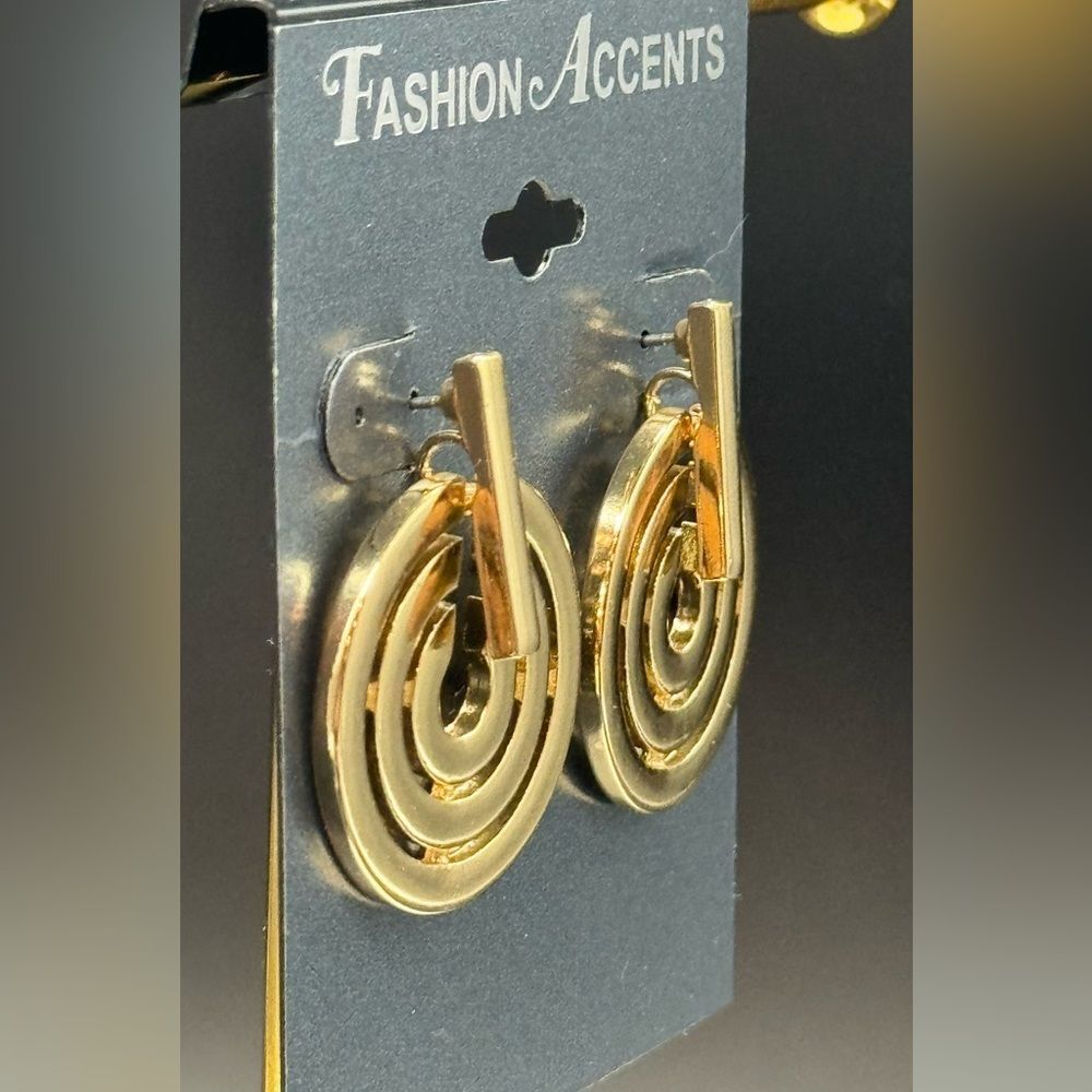 Gold Tone Multi Rings Dangle Post Earrings 1.5 inch - Picture 2 of 5